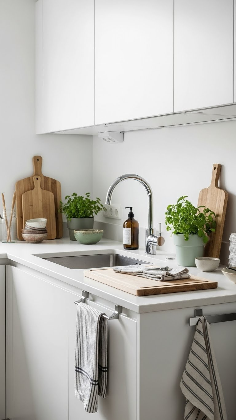 European Small Kitchen: 7 Smart Ideas For Ultimate Organization 13 Multi-functional prep area on compact European kitchen countertop with integrated cutting board and efficient workspace accessories