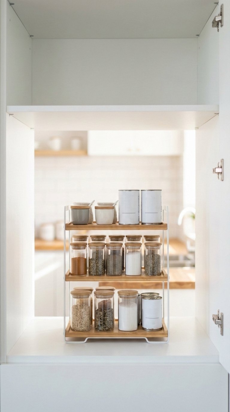 Multi-level tiered shelf organizer neatly holding spices and canned goods in white kitchen cabinet interior