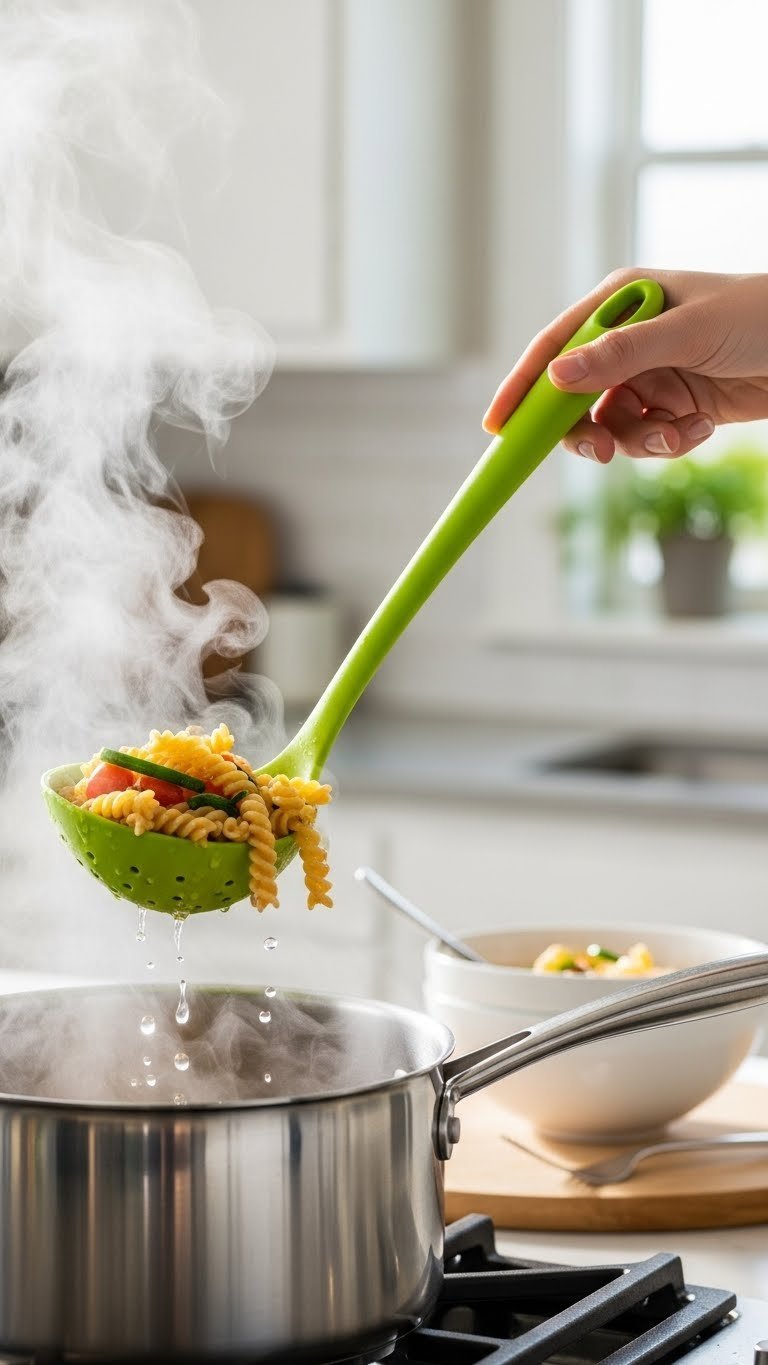 Multi-purpose ladle colander draining cooked pasta directly from a steaming cooking pot
