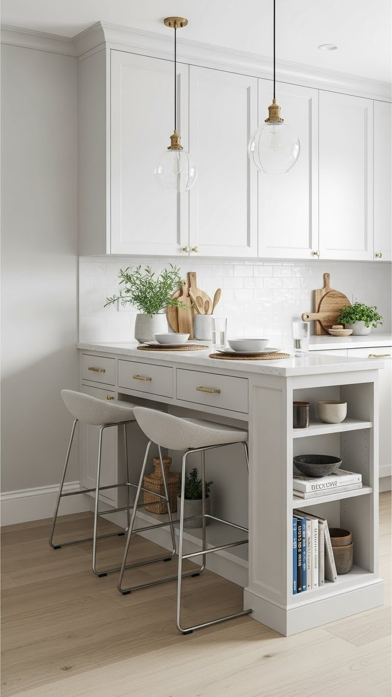 7 Essential Small Kitchen Ideas With Breakfast Bar 7 Multifunctional integrated storage breakfast bar with open shelving and concealed drawers extending from kitchen cabinetry.