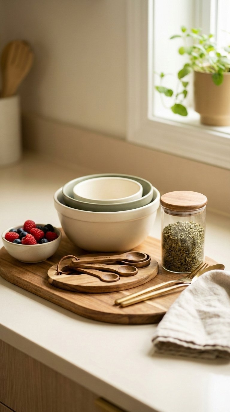 Multifunctional kitchen accessories arranged elegantly on wooden cutting board with soft natural lighting
