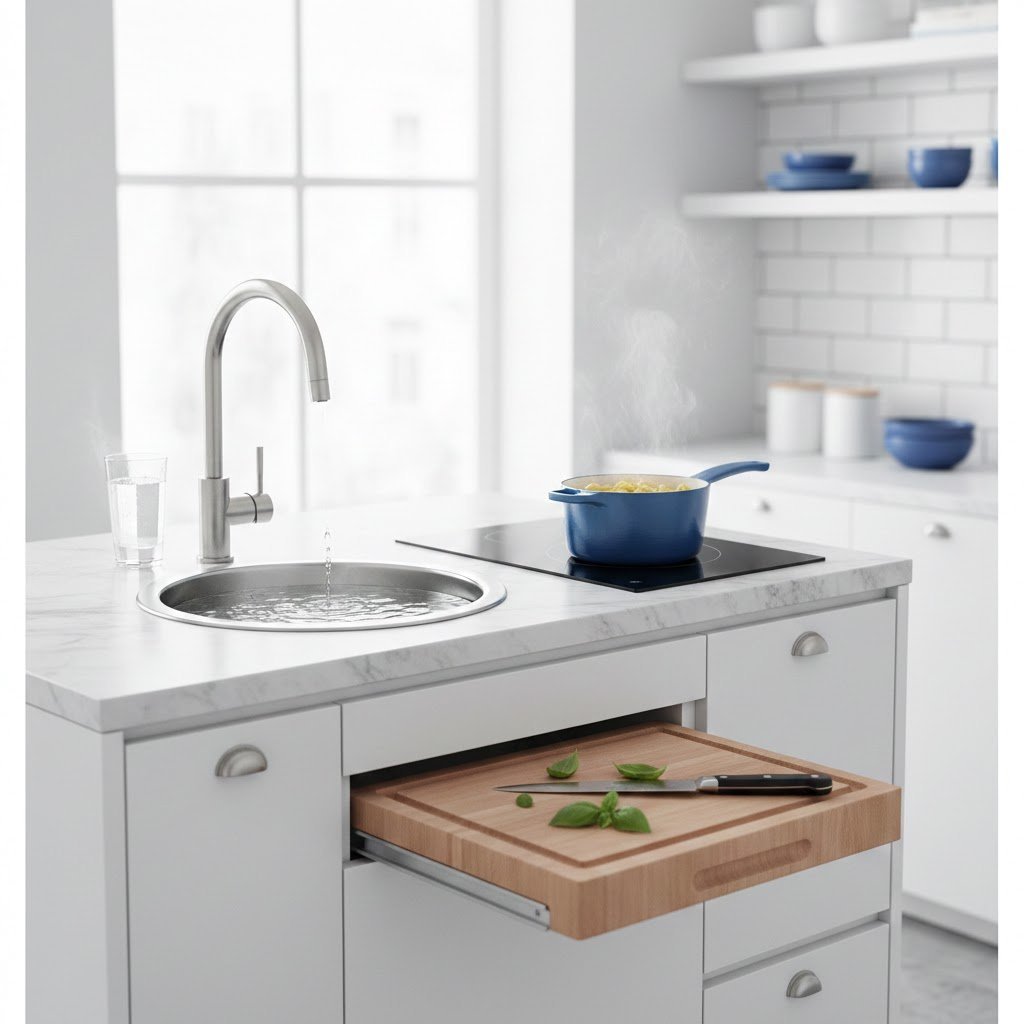 Multifunctional micro kitchen island with sink, induction cooktop, and pull-out cutting board in compact modern design