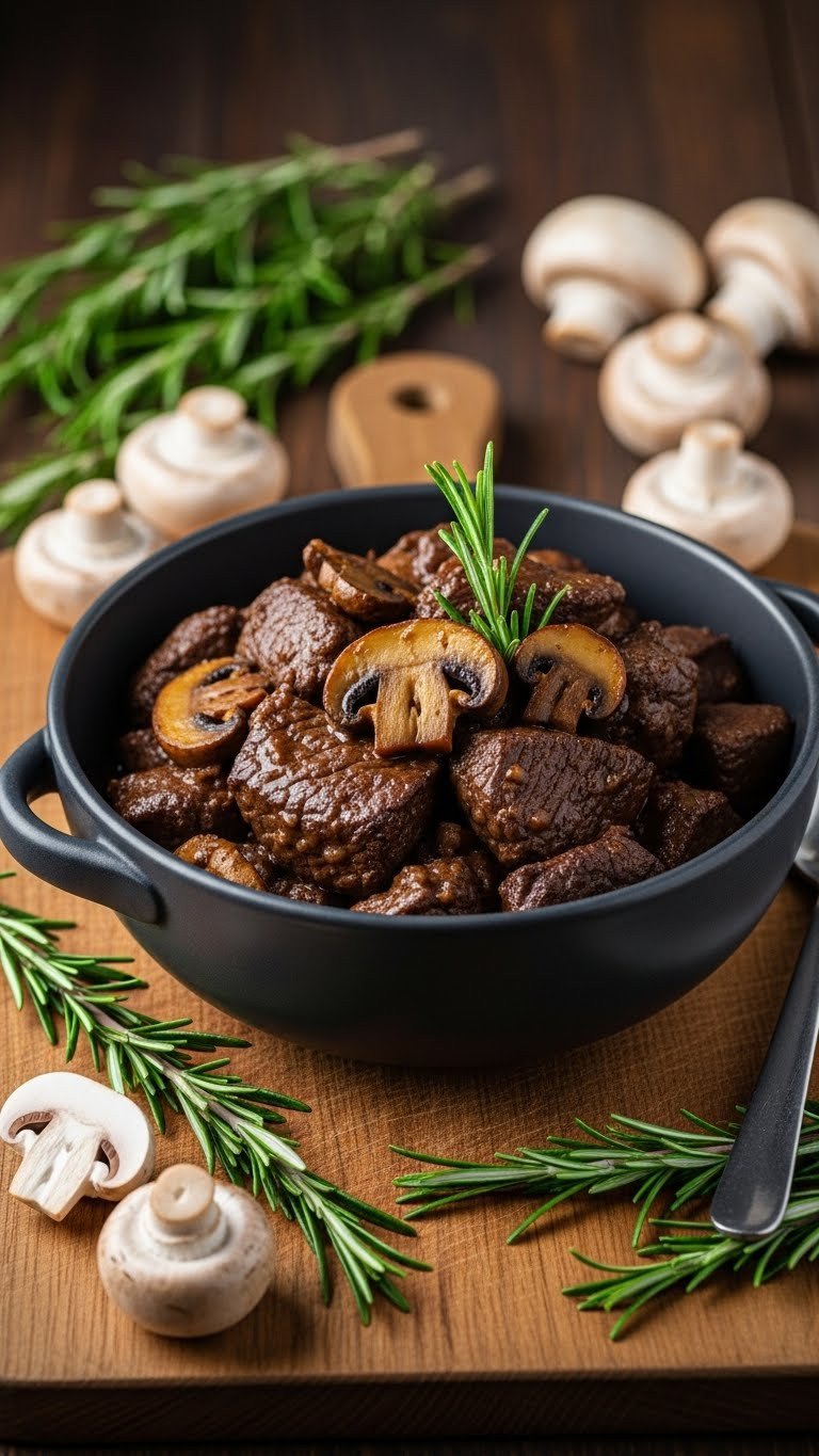 9 Easy Beef Stew Crock Pot Recipes For Cozy Family Dinners 9 Mushroom and herb beef stew in a dark bowl with rosemary on a rustic wood background