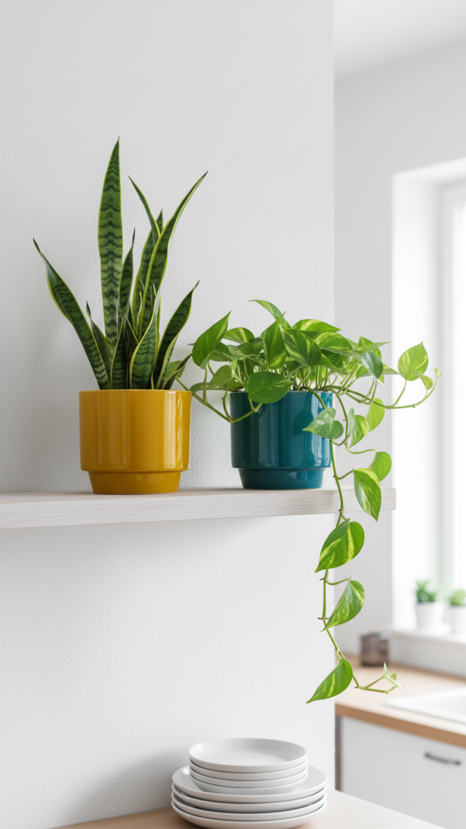 Mustard yellow and teal blue ceramic pots with green indoor plants on white floating shelf in kitchen