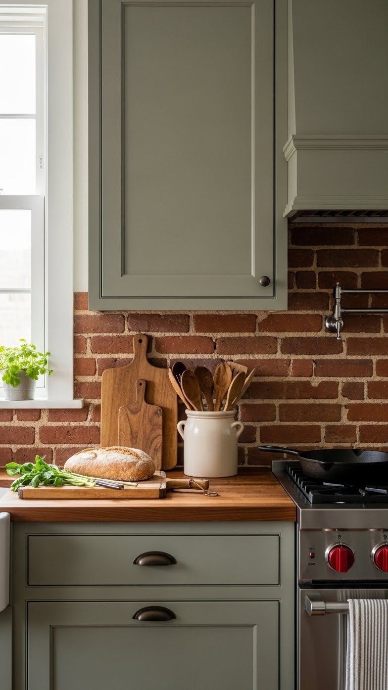 Muted green kitchen cabinets contrasted with exposed red brick wall and cast iron cookware display