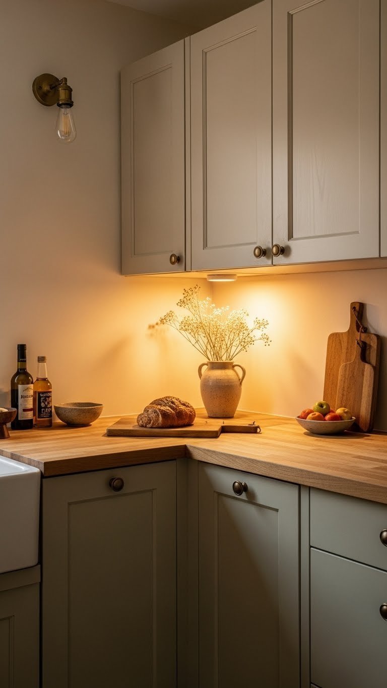 Muted sage green wall with distressed wood cabinets and warm ambient lighting in cozy rustic kitchen.