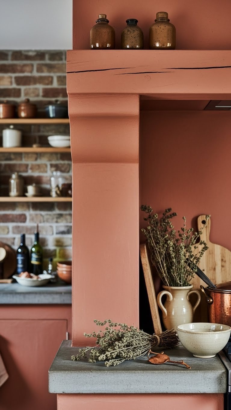 Muted terracotta kitchen walls with copper pot, dried herbs and stone surface in bright daylight