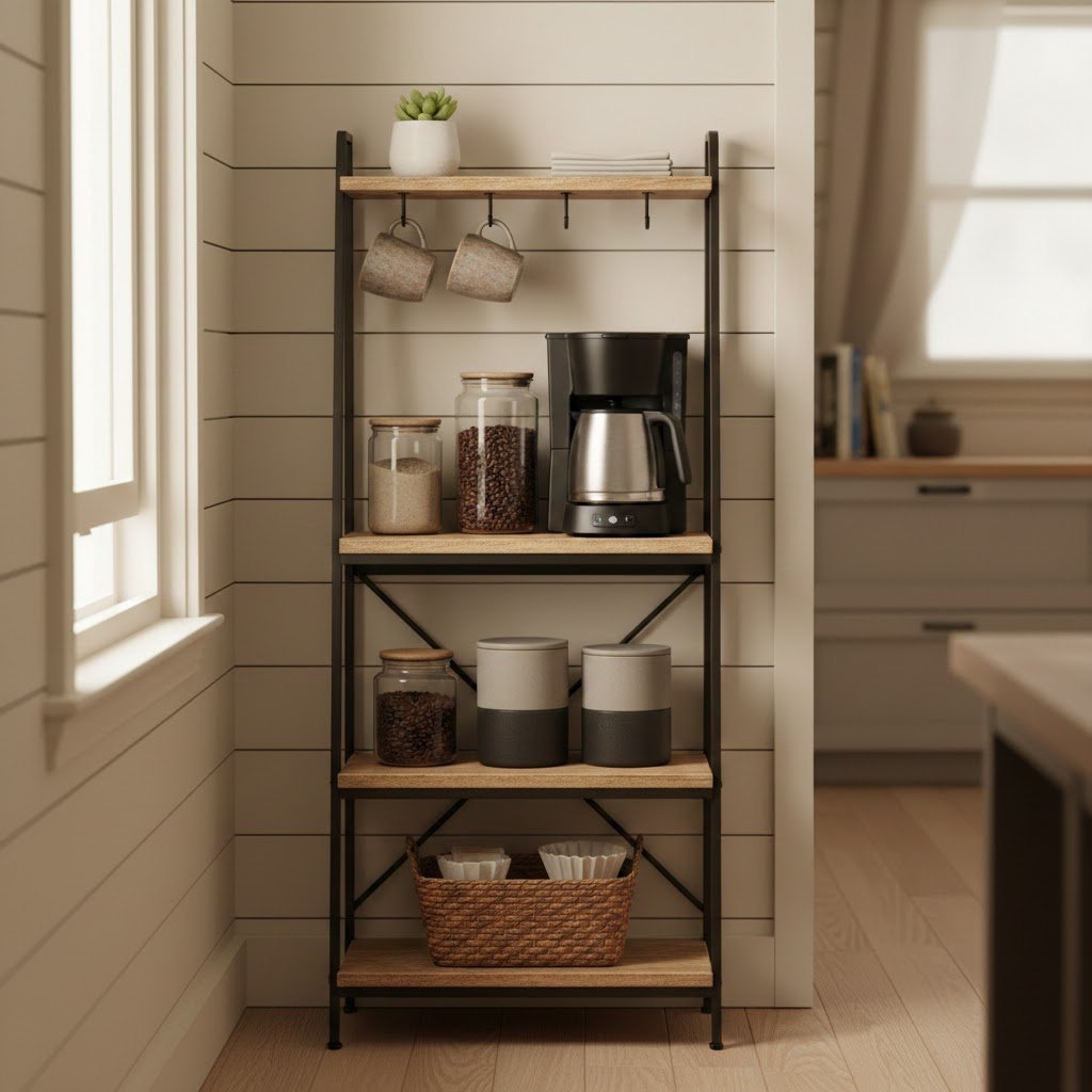 Narrow baker's rack repurposed as compact coffee bar with coffee maker and mugs