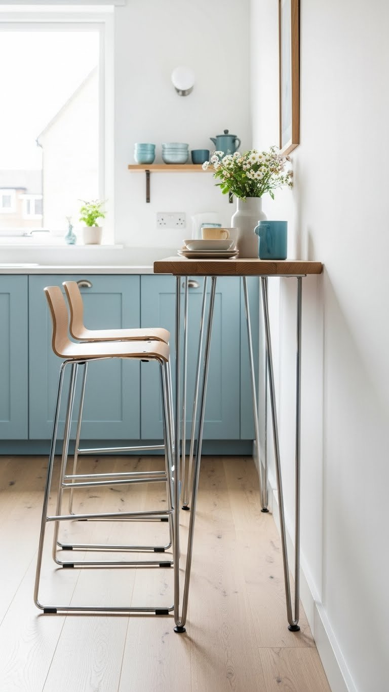 Narrow breakfast bar with slender metal legs and light blue kitchen cabinets creating an airy, modern kitchen feel.