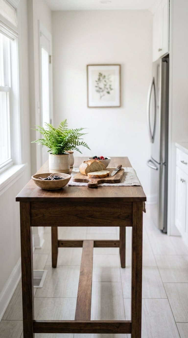 Narrow console table repurposed as kitchen island with decorative display serving dual function in entryway