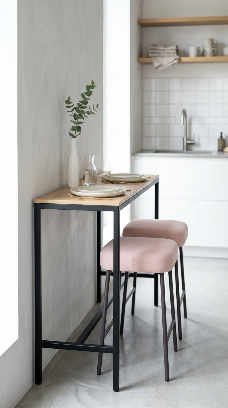 Narrow console table repurposed as kitchen table set for two with compact stools in modern galley kitchen.
