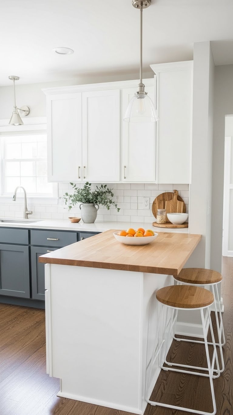 Narrow galley kitchen features a sleek built-in peninsula with bar stools, white subway tile, and a vase, opening to the living room.