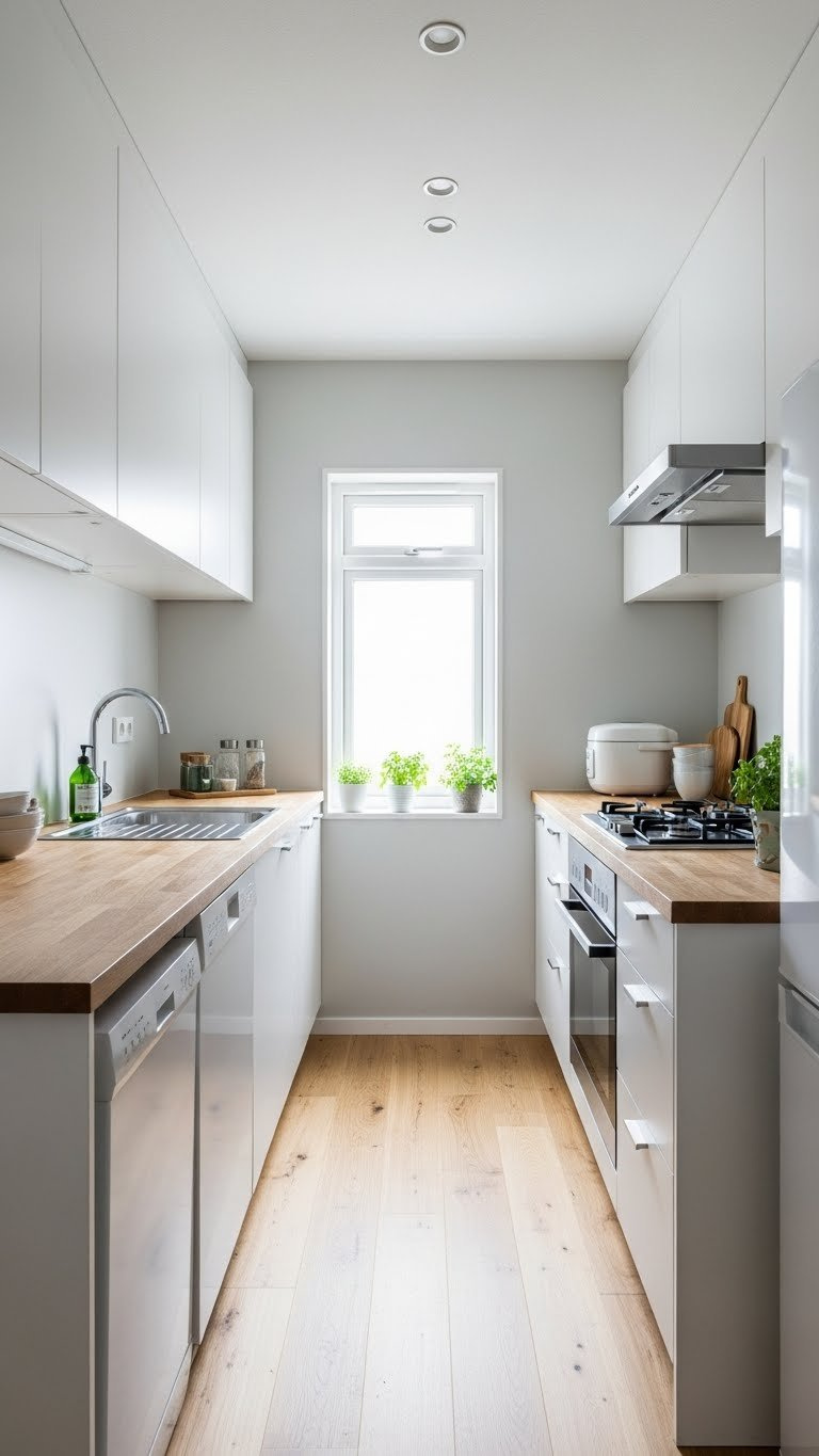 Narrow galley kitchen with continuous light wood countertops and minimalist white cabinetry in Japanese apartment