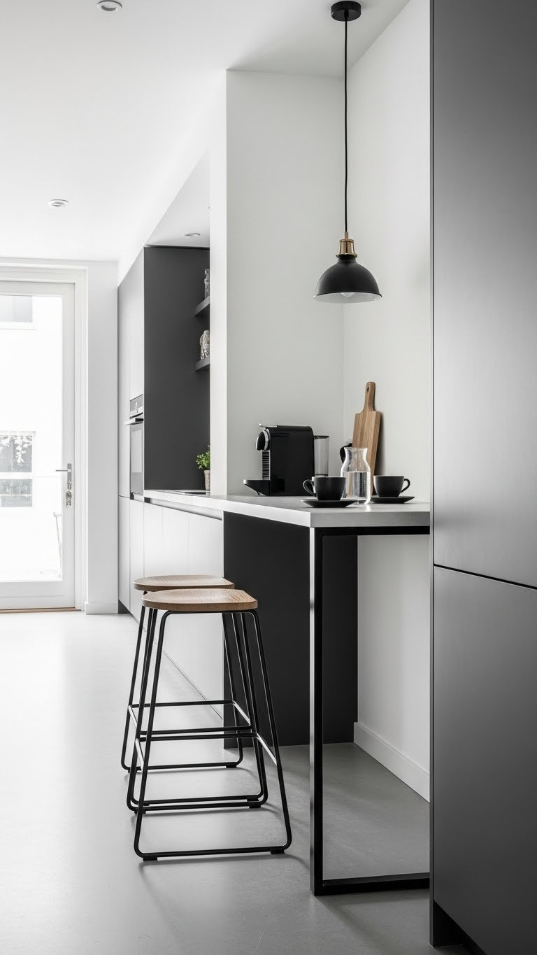 Small Kitchen Peninsula: 7 Genius Designs For Limited Space 5 Narrow galley kitchen with slim breakfast bar peninsula and industrial-style stools in bright modern space