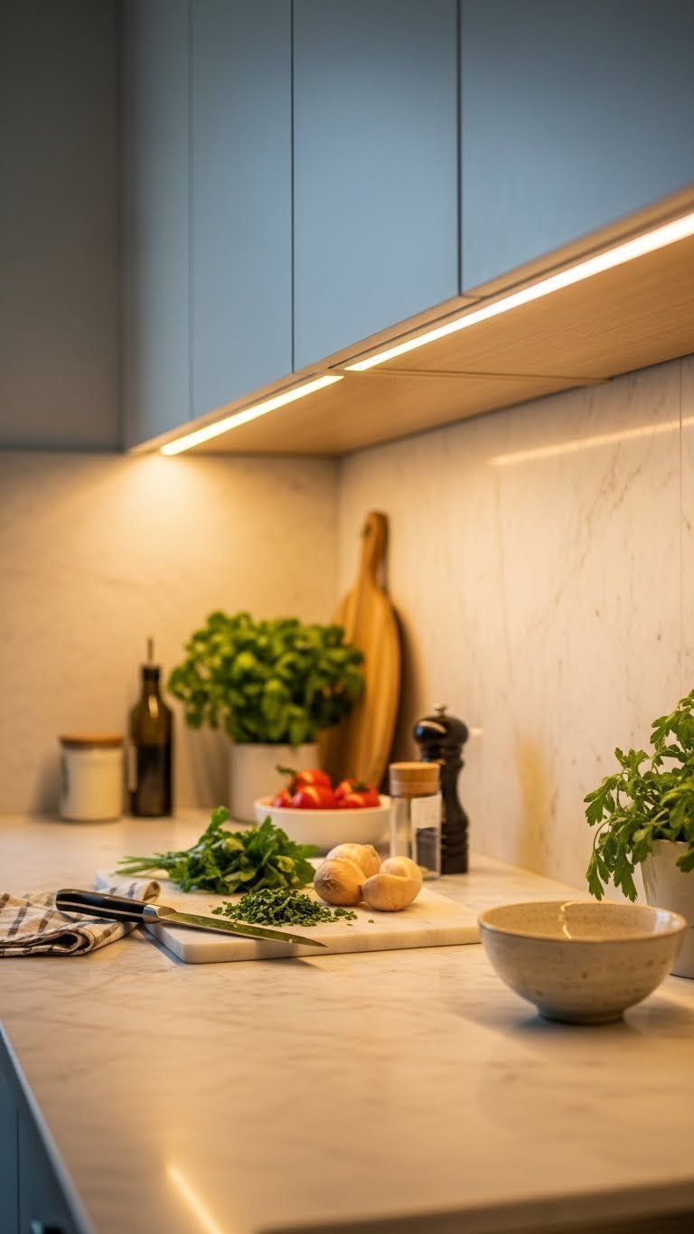 Narrow kitchen countertop illuminated by warm LED under-cabinet lighting highlighting food preparation area