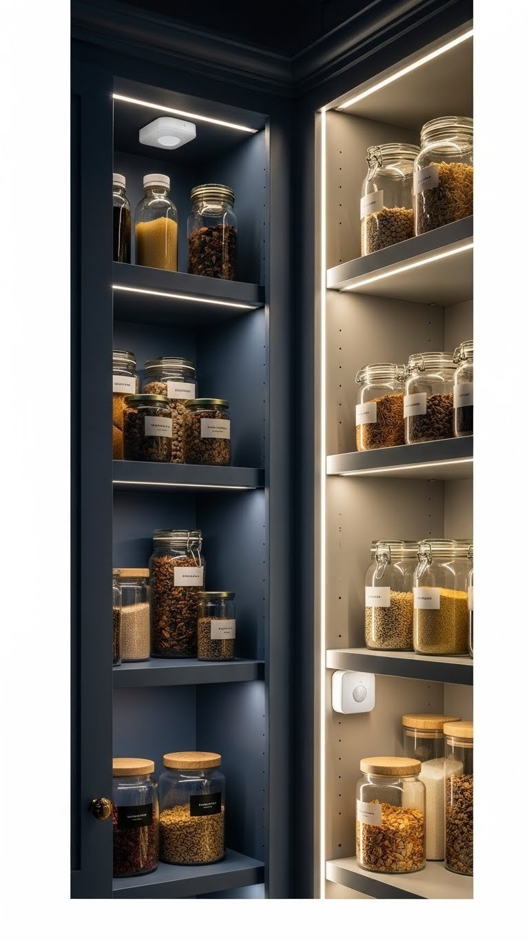 Proven Narrow Pantry Ideas: Essential Solutions For Small Kitchens 15 Narrow pantry illuminated by LED strip and motion-sensor puck lights, clearly highlighting organized jars.