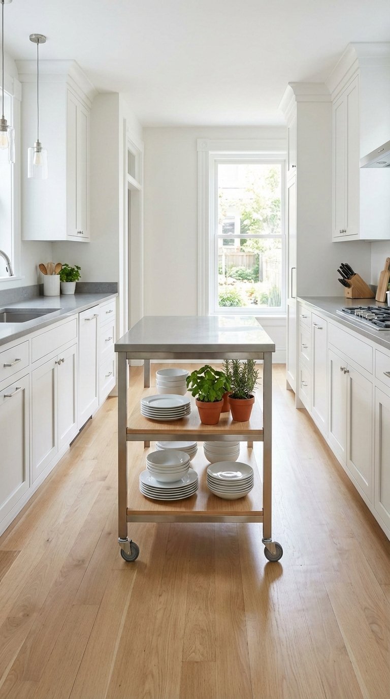 Small Kitchen Island: 7 Proven Ideas To Maximize Space 13 Narrow rolling kitchen island with open shelving and stainless steel frame optimizing traffic flow in galley kitchen.