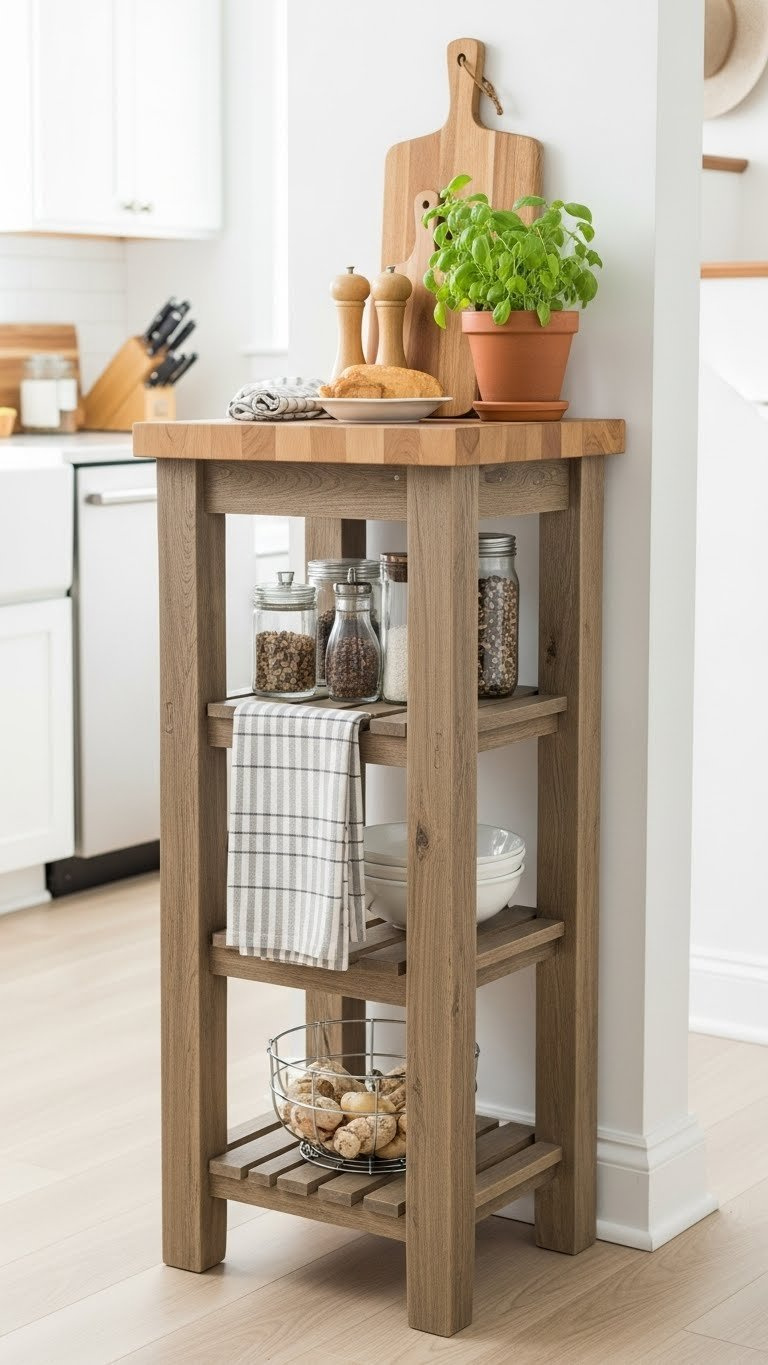 Narrow rustic kitchen island optimized for small spaces with compact spice rack, wooden cutting board, and potted herb plant in bright galley kitchen.