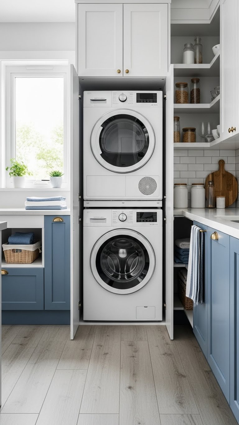 Narrow stylish small kitchen with stackable washer dryer combo unit in minimalist custom-built cabinet tower.