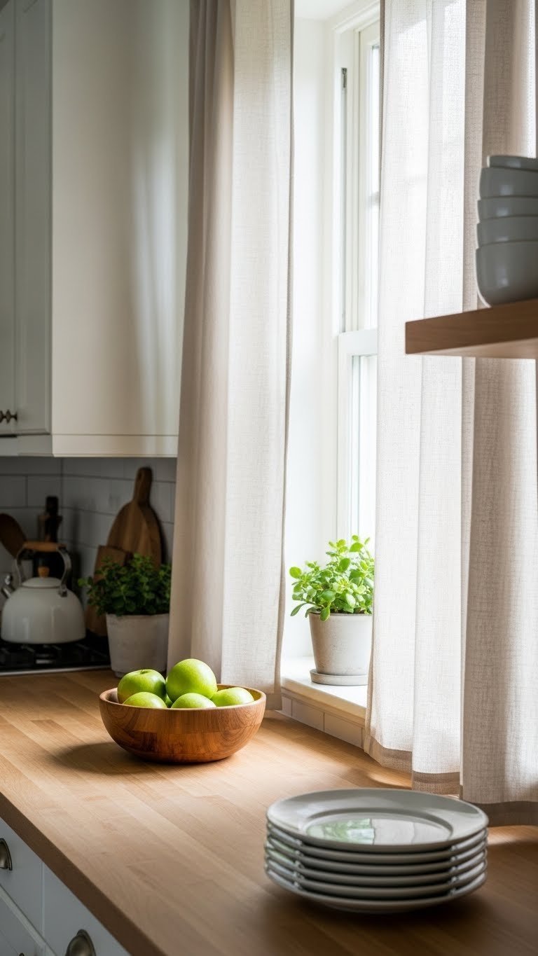 Natural cotton curtains hanging gracefully in bright Scandinavian kitchen with wooden fruit bowl and green apples