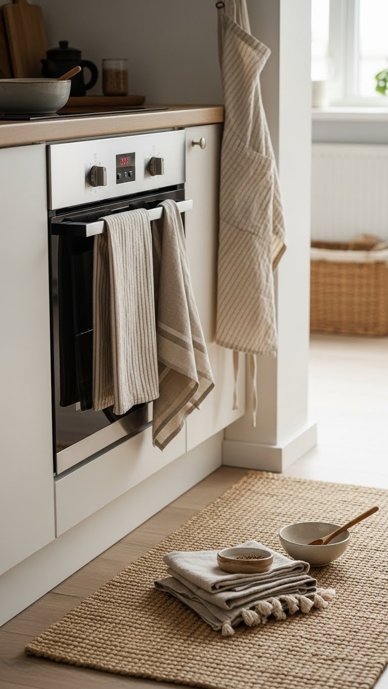 Natural fiber textiles in rustic kitchen featuring jute runner rug, linen dish towels, and cotton apron with earthy tones.