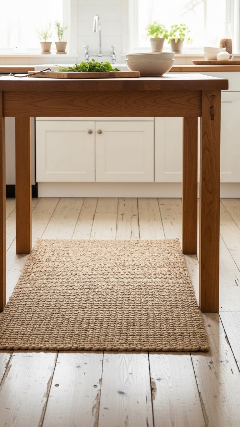 Natural jute or sisal Scandinavian kitchen rug with woven texture under kitchen island on wide plank wood floor