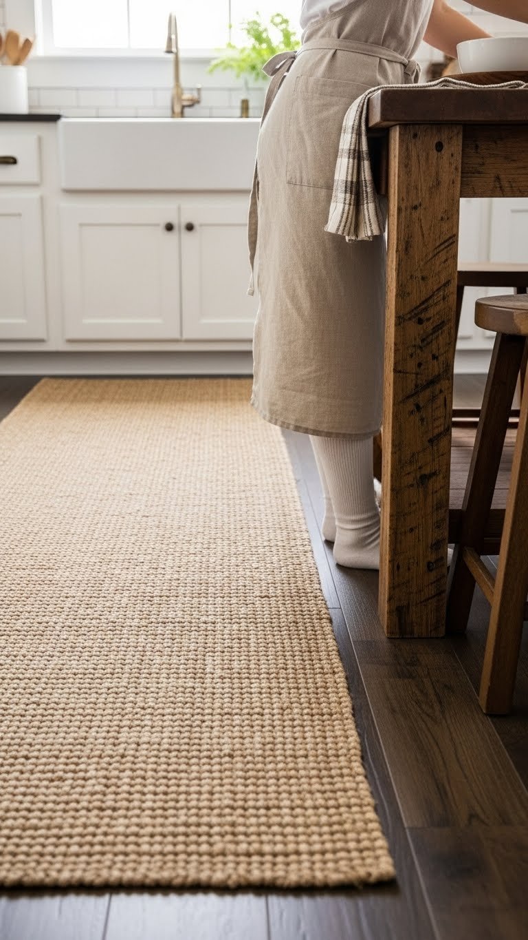 Natural jute runner rug on dark wood floor with rustic kitchen island legs in soft natural light