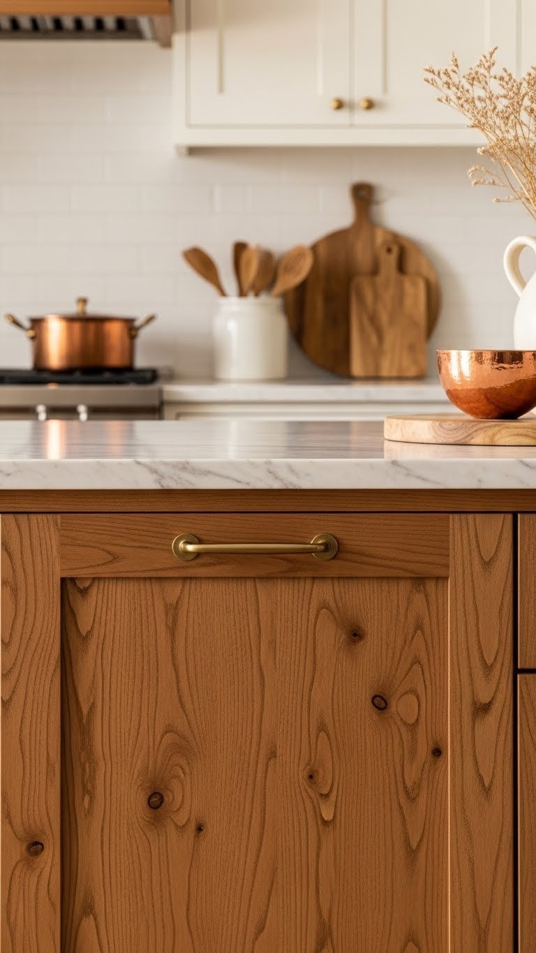 Natural knotty alder kitchen cabinets showcasing unique wood grain patterns and warm medium-brown rustic tones