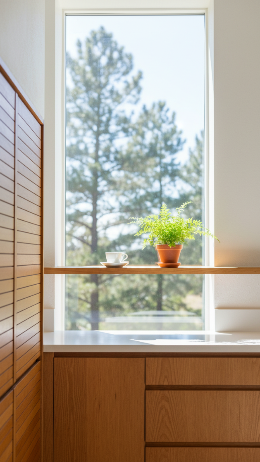 Natural light flooding through large window illuminating bright Scandinavian kitchen with wooden surfaces