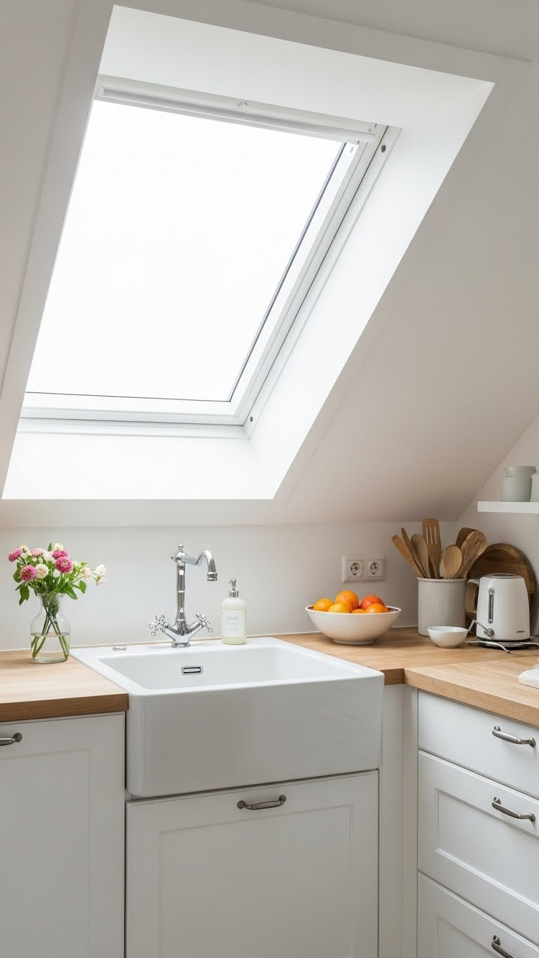 Natural light streaming through skylight illuminating countertop area in bright and airy attic kitchen with white ceiling