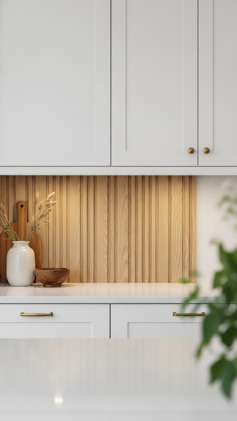Natural light wood paneling backsplash with warm grain texture on white quartz countertop with ceramic vase
