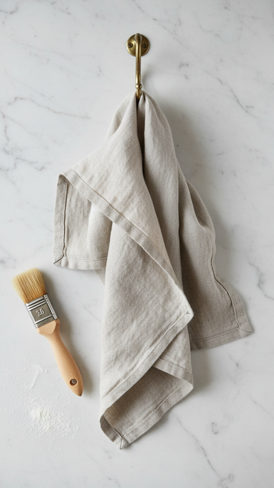 Natural linen tea towel hanging from brass hook on white marble countertop with baking tools
