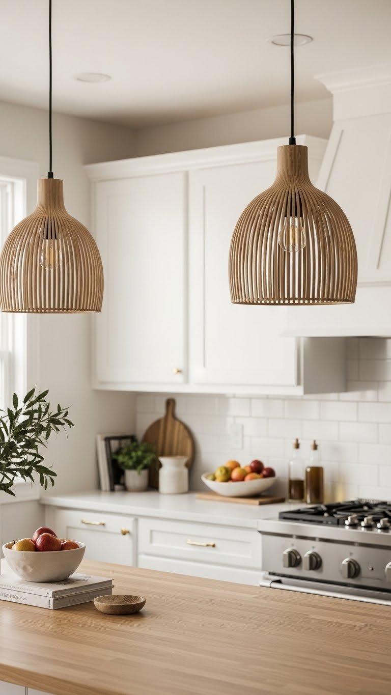 Natural material pendant lights hanging over wooden kitchen island in bright Scandi farmhouse interior