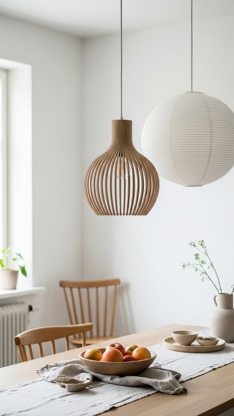 Natural material pendant lights like wooden or rice paper lamps hanging over minimalist Scandinavian kitchen table