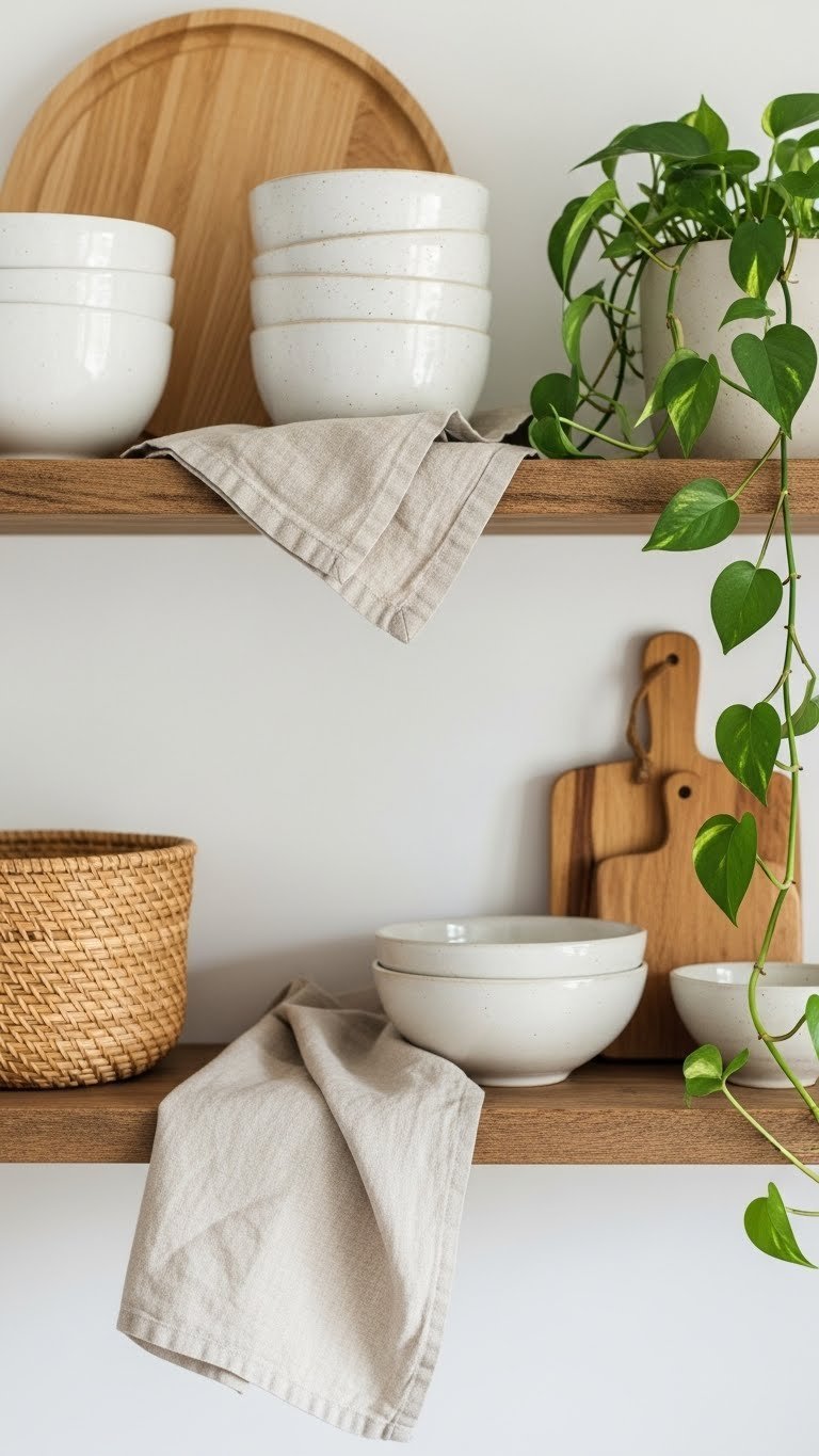 Natural materials scandi kitchen decor featuring wood shelves, ceramic bowl, woven basket, and trailing Pothos plant