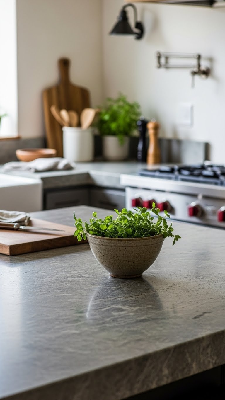 Natural stone countertop with rustic ceramic bowl filled with herbs in bright U-shaped kitchen