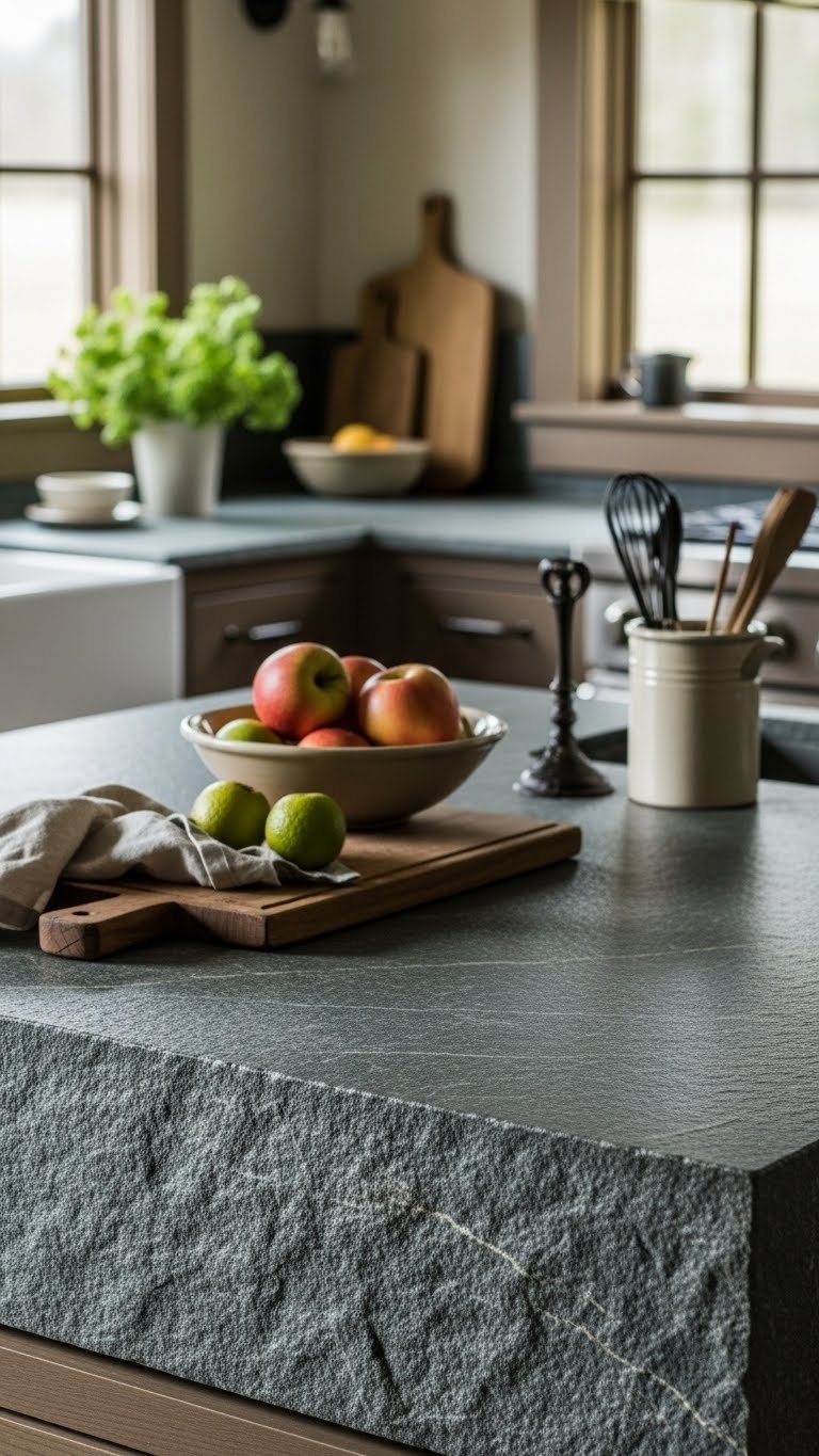 Natural stone countertop with unique veining and matte finish in rustic kitchen design