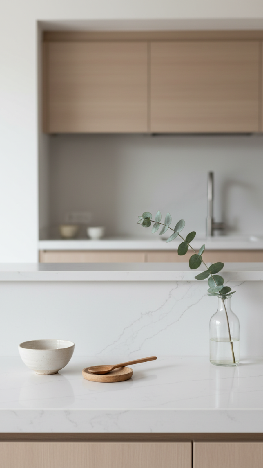 Natural stone countertops with subtle veining and complementary backsplash in scandi rustic kitchen