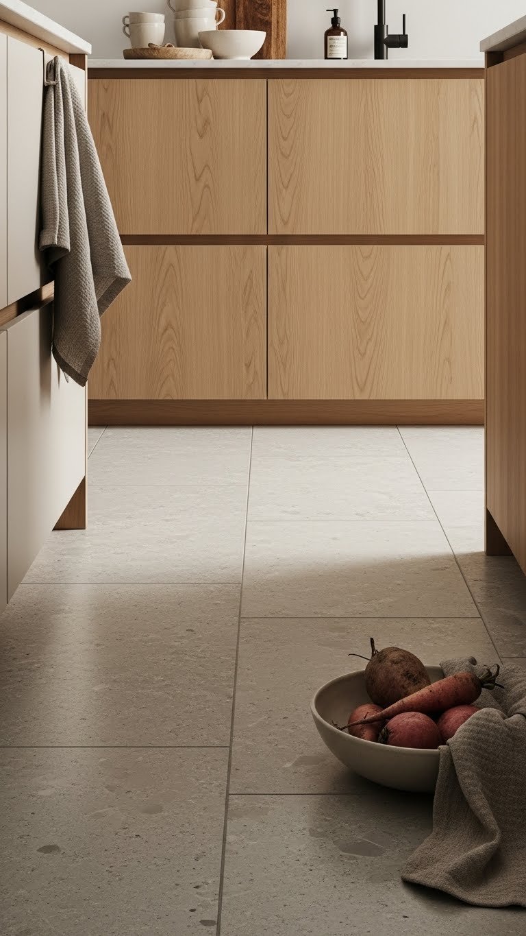 Natural stone-look tiles mimicking limestone or marble with earthy tones in a warm Scandinavian kitchen setting.