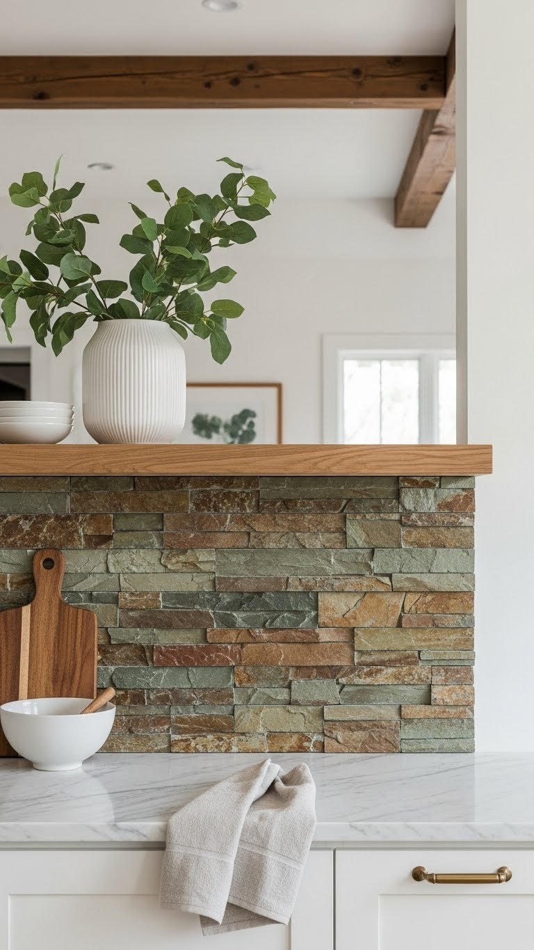 Natural stone veneer backsplash with earthy tones and rough-hewn texture in bright minimalist kitchen interior