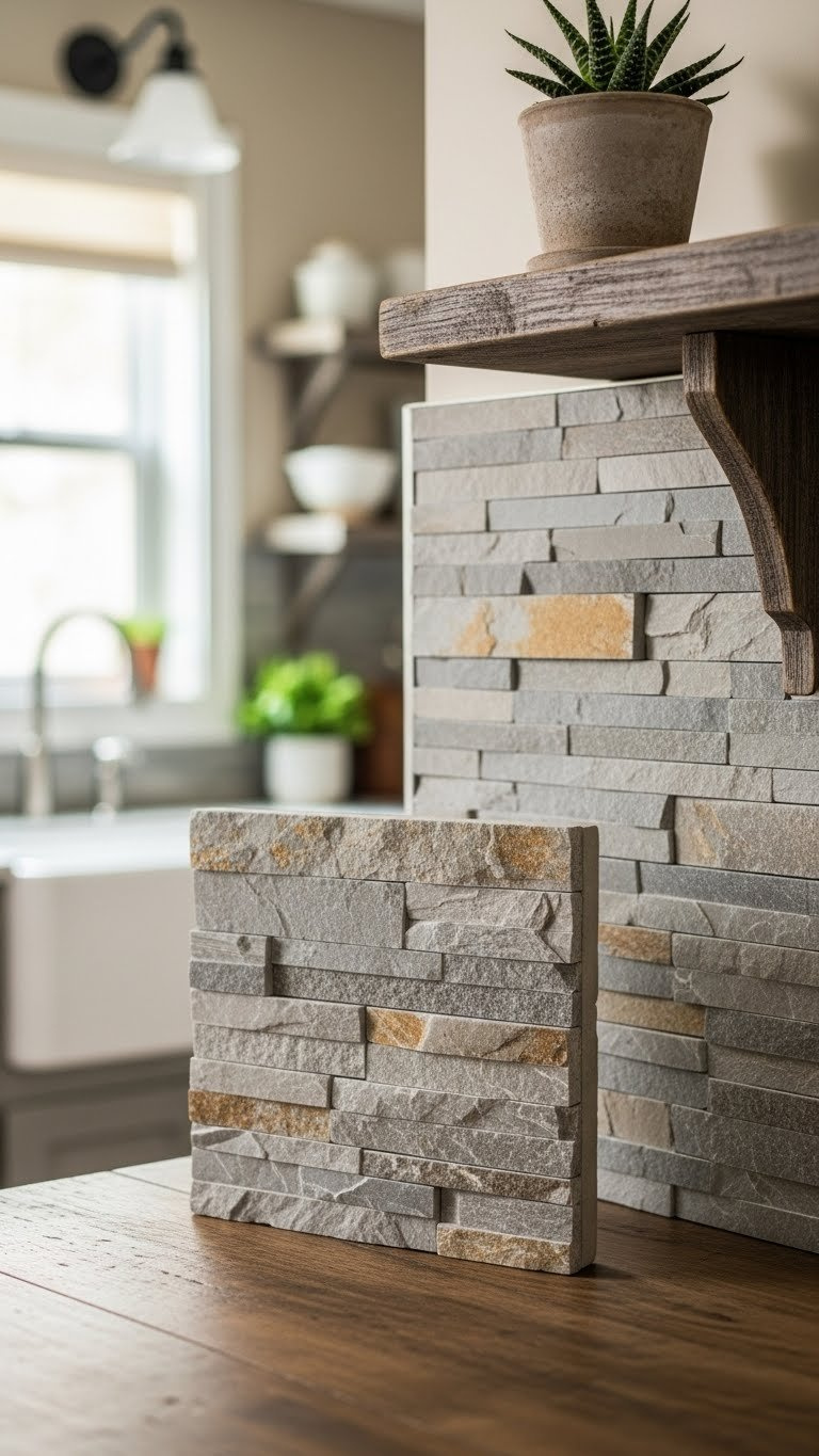 Small Rustic Kitchen: 9 Diy &Amp; Budget-Friendly Ideas 15 Natural stone veneer wall with potted succulent on distressed wood shelf