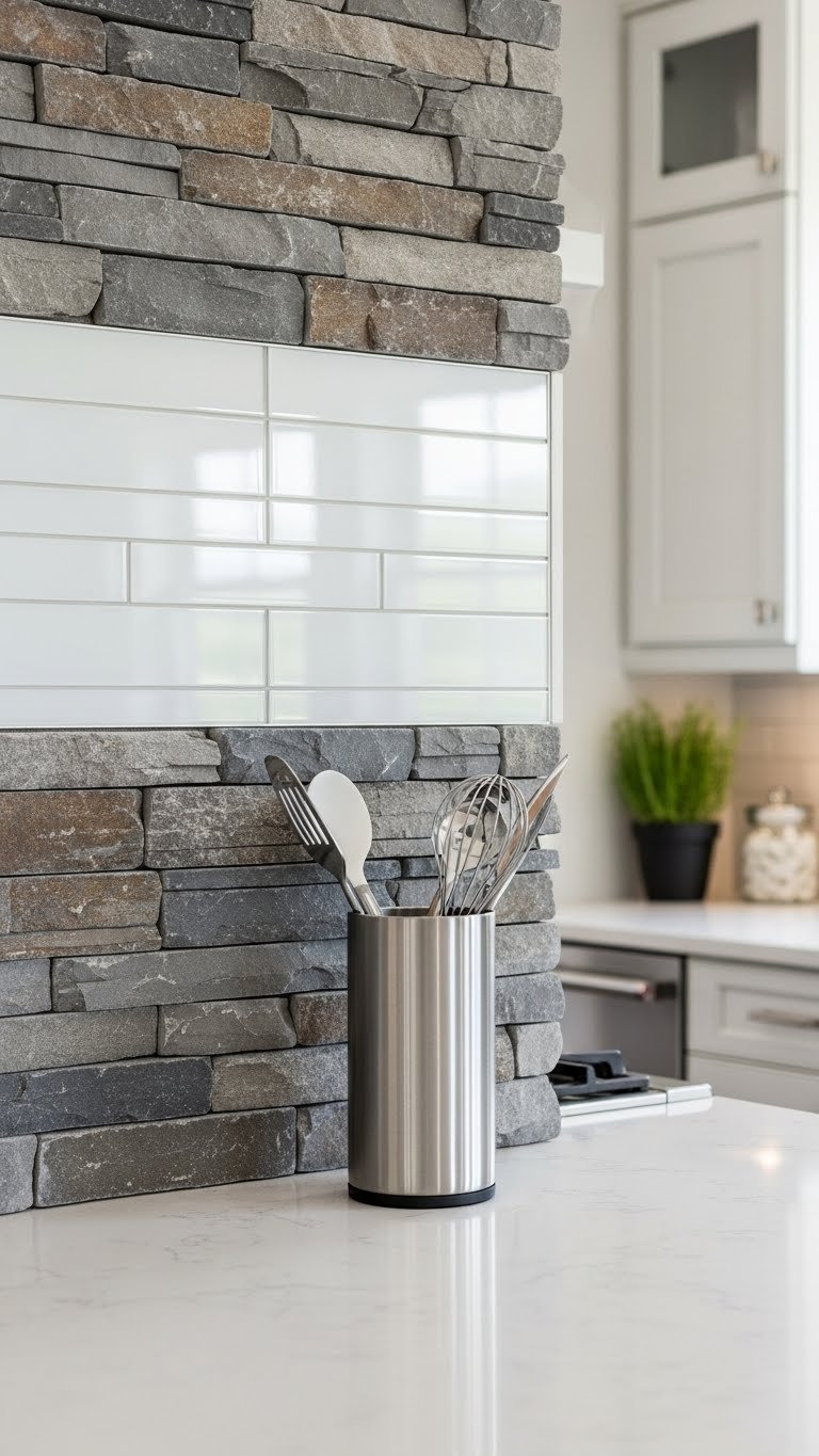Rustic Modern Kitchen: 9 Ultimate Ideas To Transform Your Home 13 Natural stone wall transitioning to glossy white subway tile backsplash with modern utensil holder