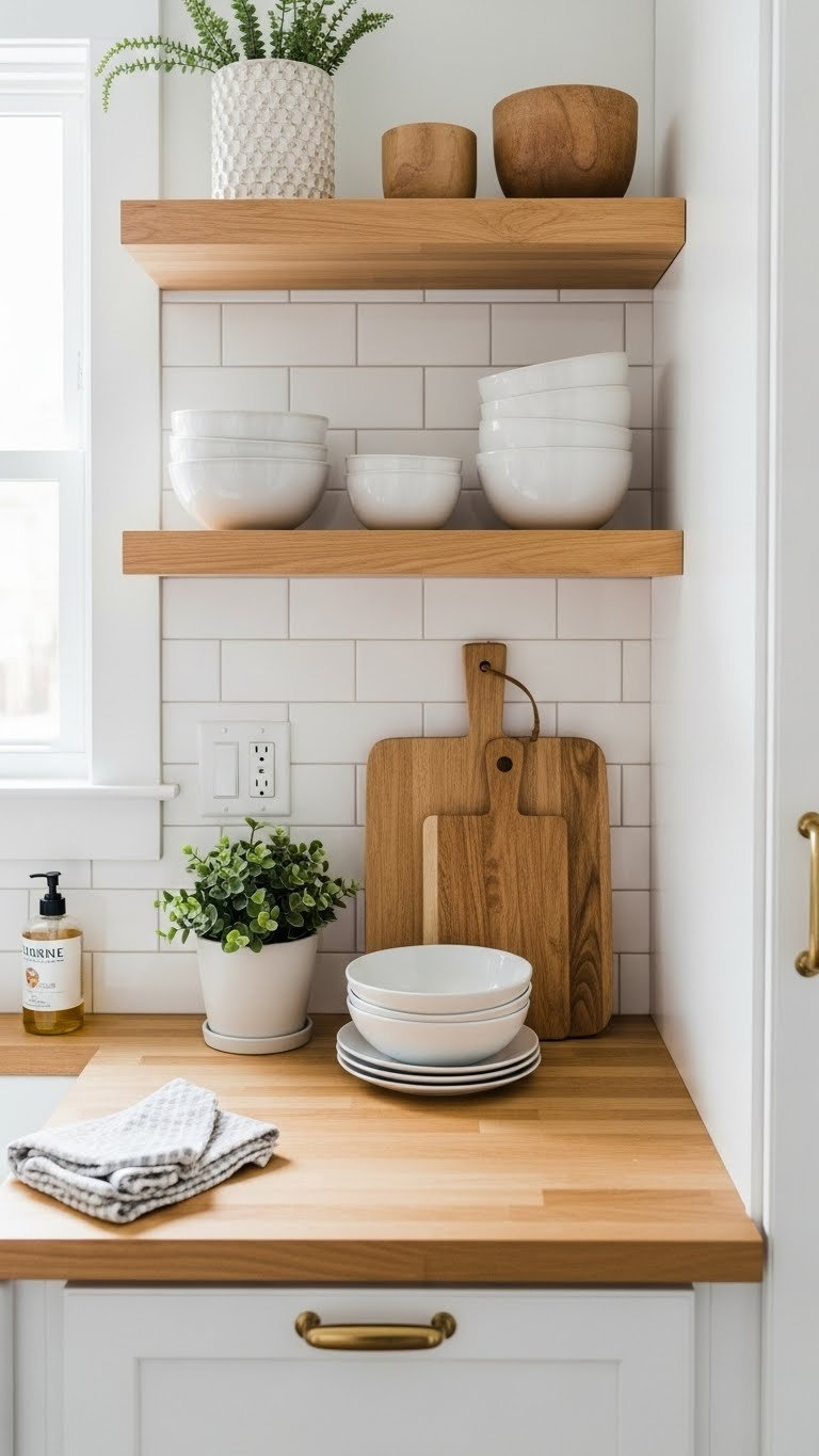 Natural wood and white kitchen with butcher block countertops, ceramic dishes, and subway tile backsplash in soft window light.