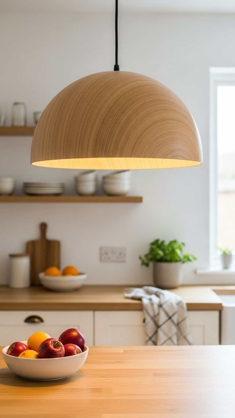 Natural wood dome pendant light emitting warm glow over light oak kitchen island with ceramic details