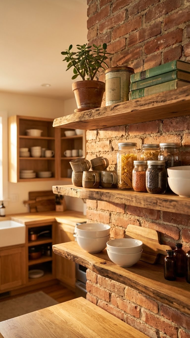 Exposed Kitchen Pantry: 7 Genius Ideas For Organized Style 7 Natural wood floating shelves on a brick wall, holding white ceramic bowls, green cookbooks, and clear jars.