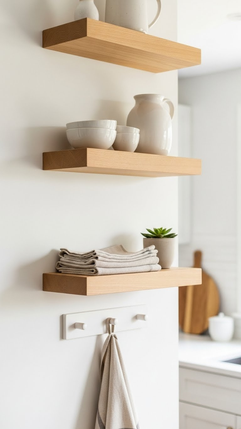 Natural wood floating shelves optimized for narrow kitchen nook with ceramic pieces and linen napkins