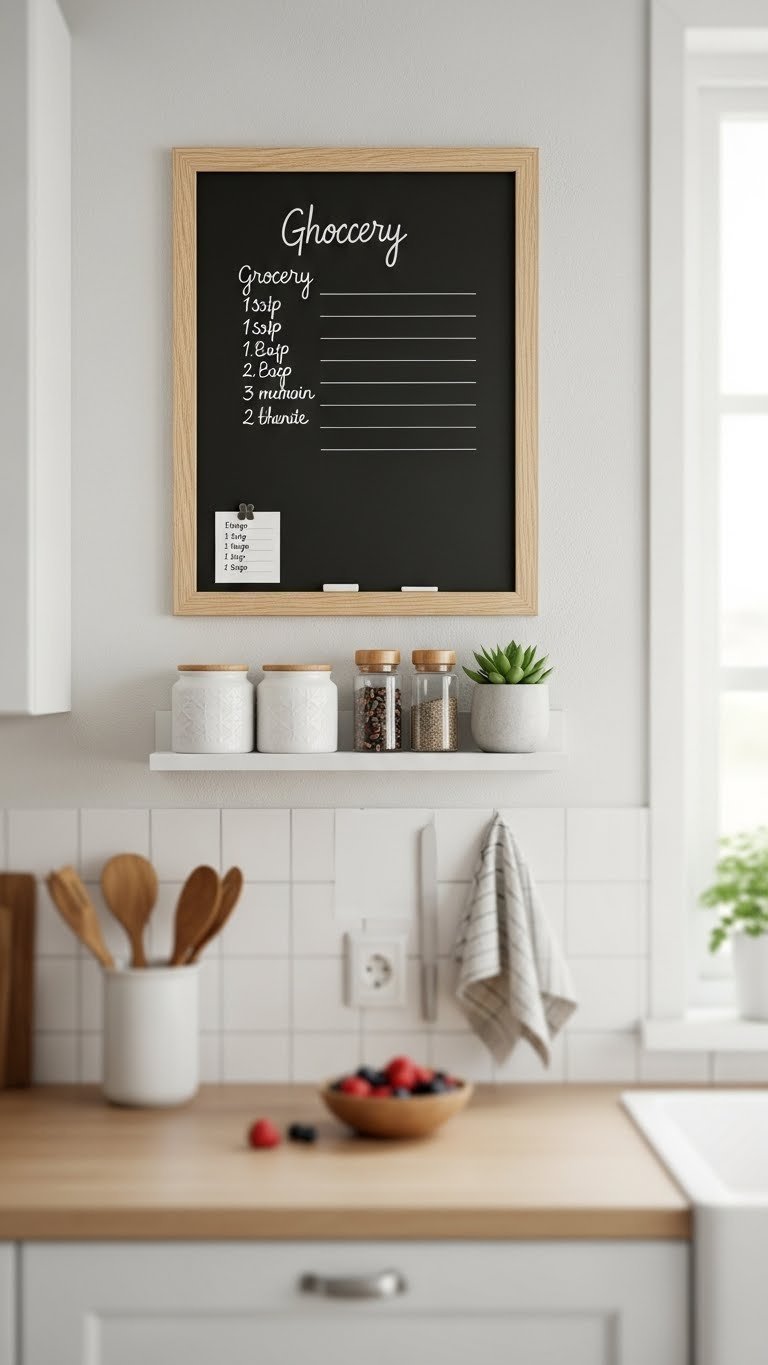 Natural wood-framed chalkboard memo board on light kitchen wall with minimalist handwriting and ceramic spice jars