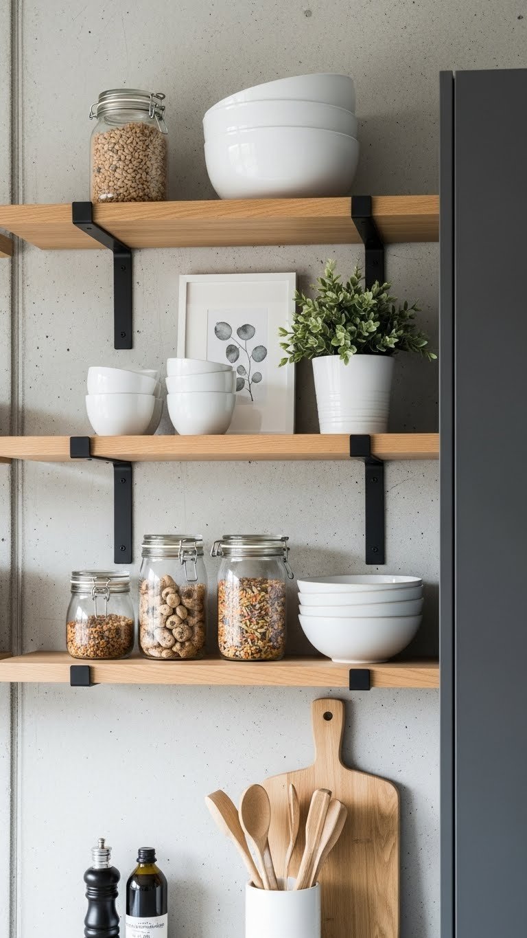 Scandi Industrial Kitchen Design: 9 Proven Ways To Maximize Style 9 Natural wood open shelves with dark metal brackets holding white ceramics on concrete wall