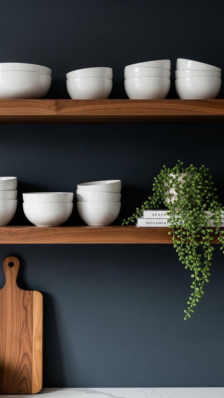 Natural wood open shelving with white ceramics against a charcoal gray wall, featuring a trailing houseplant, offers rustic kitchen decor.
