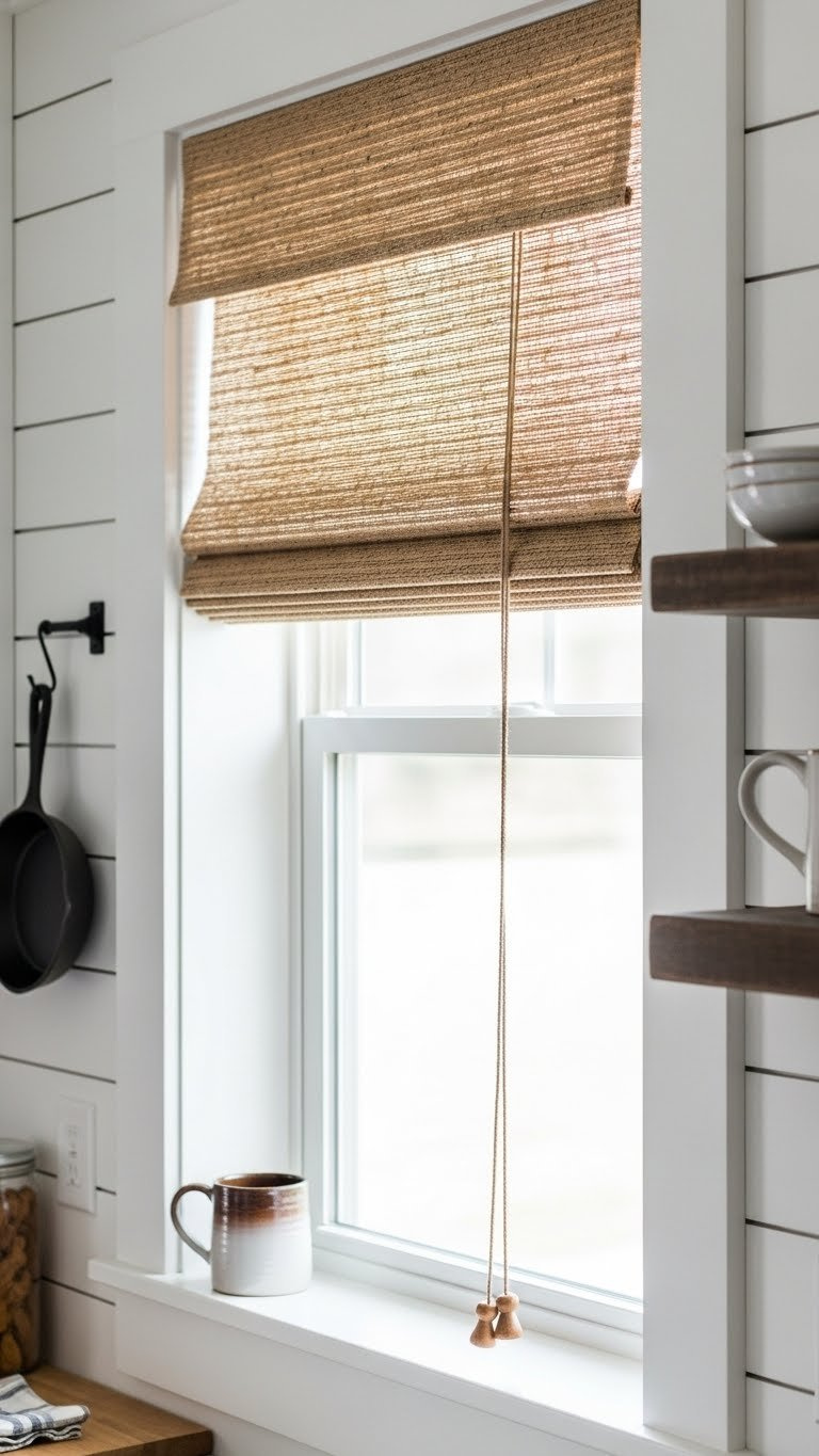 Natural woven jute roll-up shade partially lowered with rope pulley mechanism in rustic kitchen